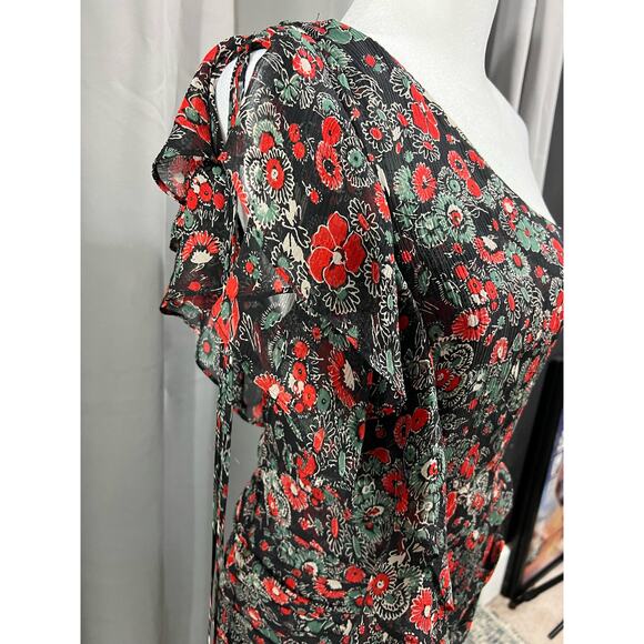 Veronica Beard Black and Red Floral Silk Mini Dress With Ruffles sz 2 - Picture 6 of 11
